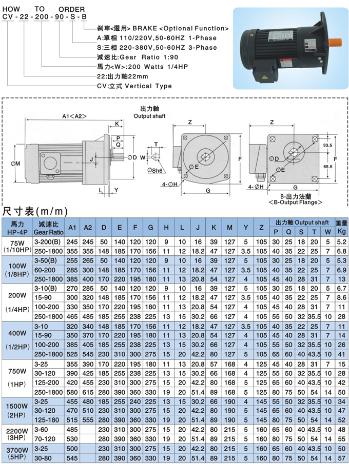 立式三相齒輪減速馬達,CV型單相齒輪減速馬達詳細參數(shù)